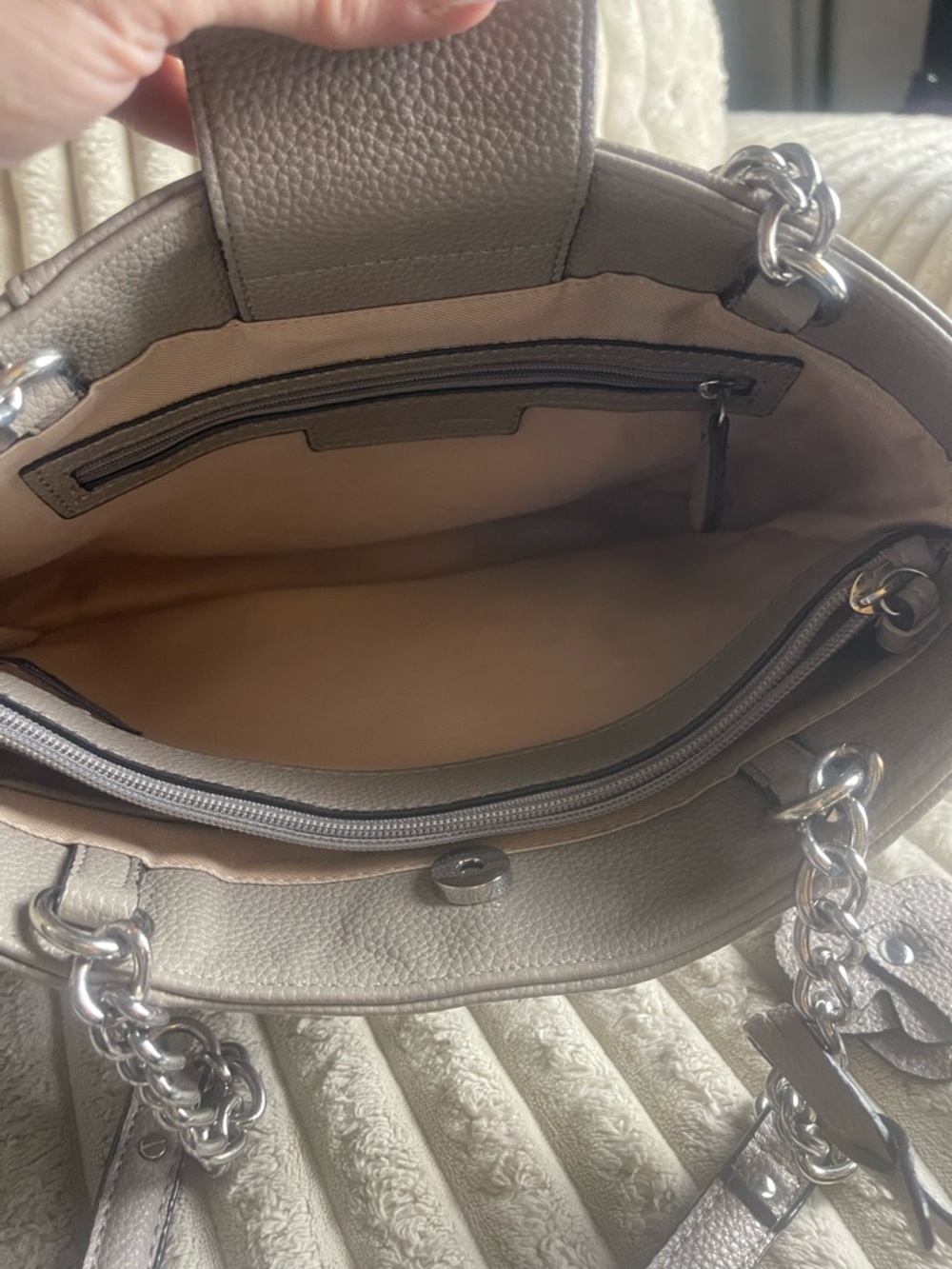 Dana Buchman Taupe Pebbled Leather Shoulder Tote with Flower Charm - Picture 6 of 7